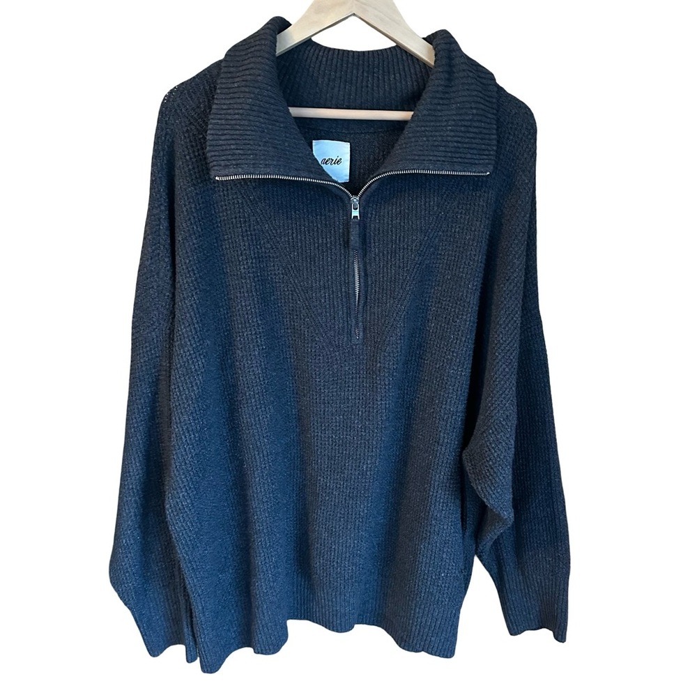 Aerie Cozy Up Waffle Knit Oversized Quarter Zip Sweater EUC XXL - Picture 2 of 9